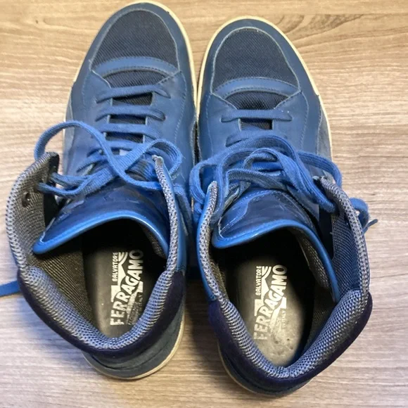 Salvatore Ferragamo Robert leather suede high top sneakers blue 8,5 EE - Picture 8 of 16